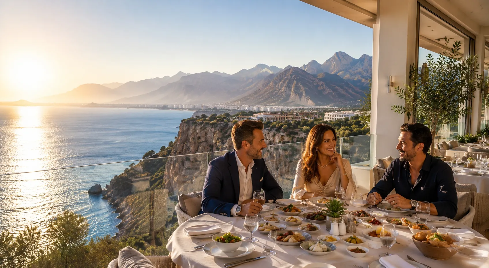 The three cousins sharing a meal on a coastal terrace overlooking Antalya