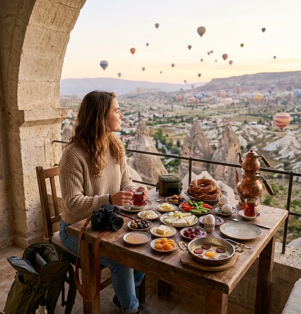 Leyla, the Explorer persona — breakfast overlooking Cappadocia's hot air balloons