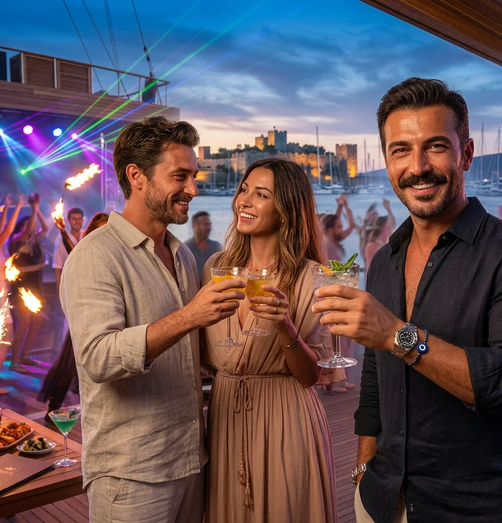 Mehmet, the Macho persona — friends toasting at a Bodrum rooftop party
